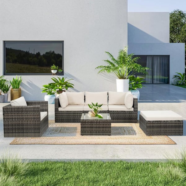 PARASOLAR Gray 6-Piece Wicker Outdoor Sectional Set with Beige Cushions and Tempered Glass Coffee Table