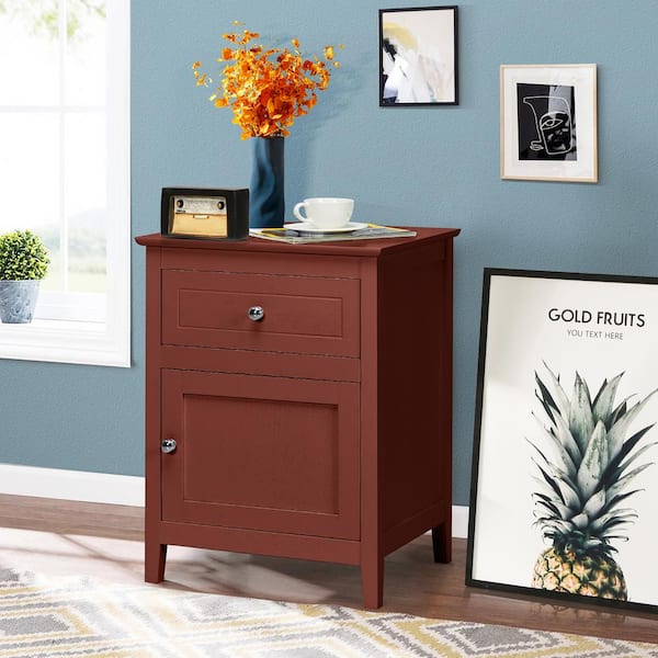 Costway Cherry Nightstand with Drawer Accent Side End Table Storage Cabinet (25 in. H x 19 in. W x 15 in. D)