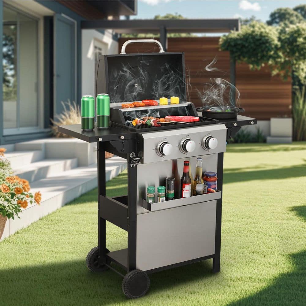 3-Burner Propane Gas Grill Stainless Steel Propane Grill, in Black, with Thermometer