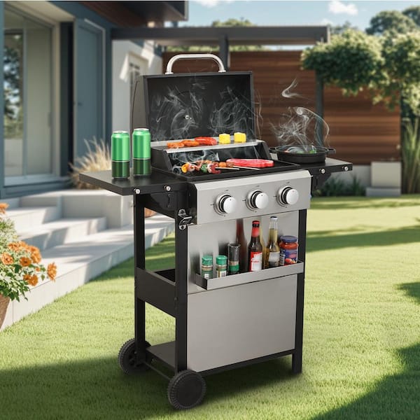 3-Burner Propane Gas Grill Stainless Steel Propane Grill, in Black, with Thermometer