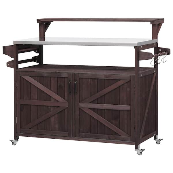 OLUMAT 53.3 in. W Brown Farmhouse Solid Wood Outdoor Kitchen Island Grill Cart with Stainless Steel Top and Raised Shelf