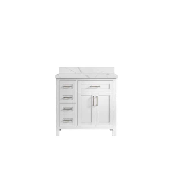 Willow Collections Cambridge 36 in. W x 22 in. D x 36 in. H Right Offset Sink Bath Vanity in White with 2 in Calacatta Quartz Top