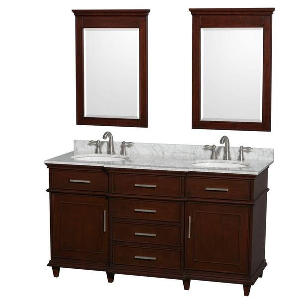 Wyndham Collection Berkeley 60 in. Double Vanity in Dark Chestnut with Marble Vanity Top in Carrara White, Oval Sink and 24 in. Mirrors