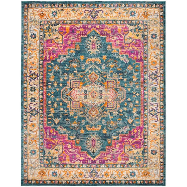 SAFAVIEH Madison Blue/Multi 10 ft. x 14 ft. Border Floral Geometric Medallion Area Rug