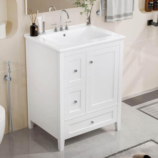 24 in. Freestanding White Bath Vanity with White Ceramic Top, Removable Dividers and Adjustable Shelf
