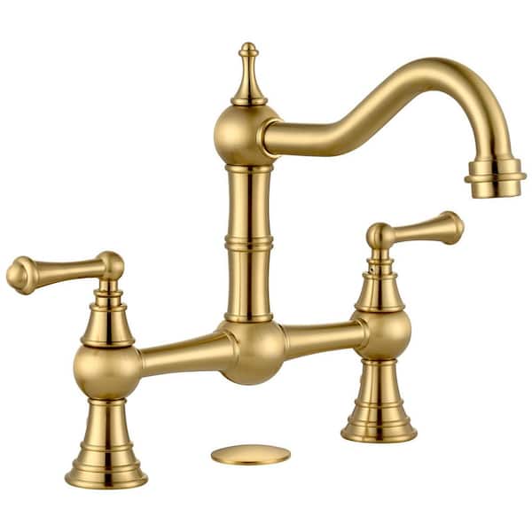Double Handle Solid Brass Bridge Kitchen Faucet in Gold