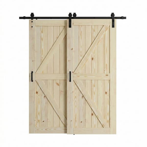 65 in. x 80 in. (2-36 in.) K-Style Wood Unfinished Assembly Required Spruce Bypass Sliding Barn Door with Hardware Kit