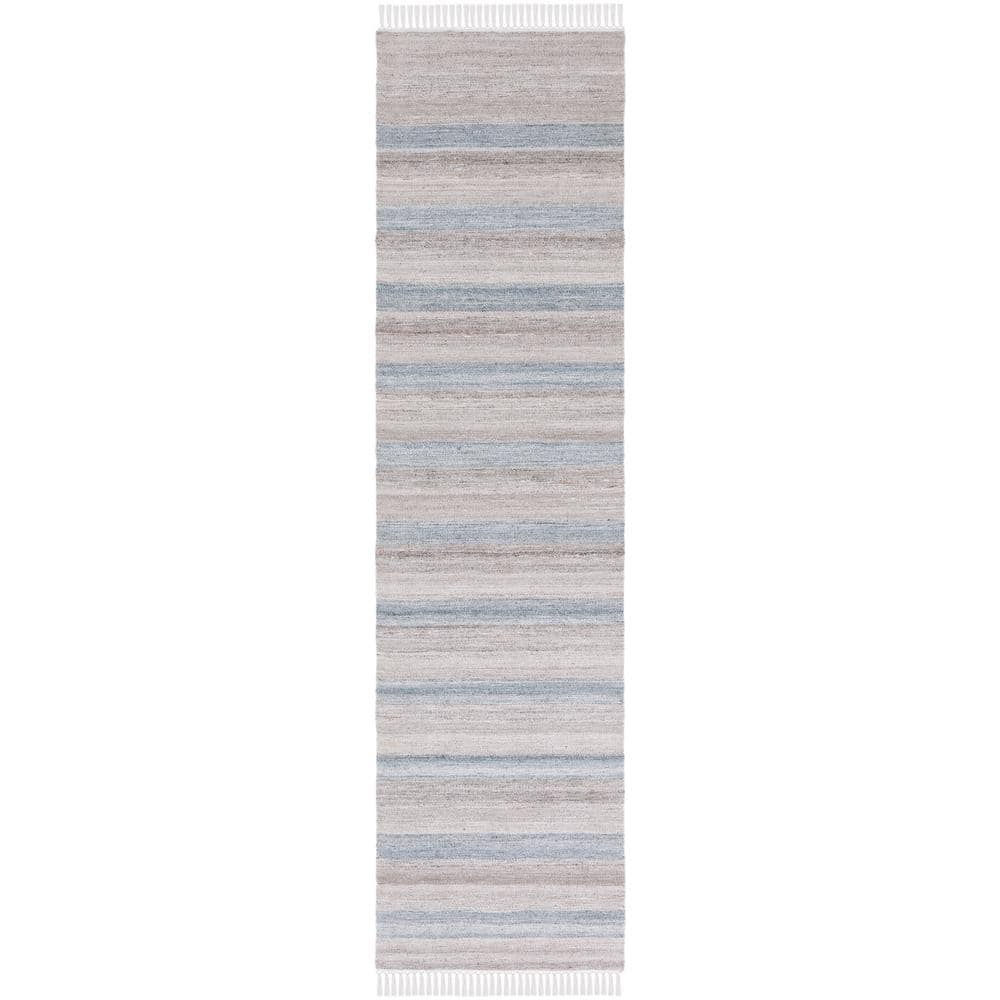 Gray and Beige Striped Kilim Wool Runner Rug