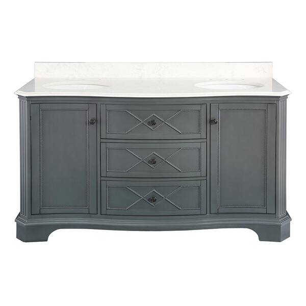 Home Decorators Collection Rosamund 61 in. W x 22 in. D Vanity in Charcoal Grey with Engineered Stone Vanity Top in Ariston White with White Sinks