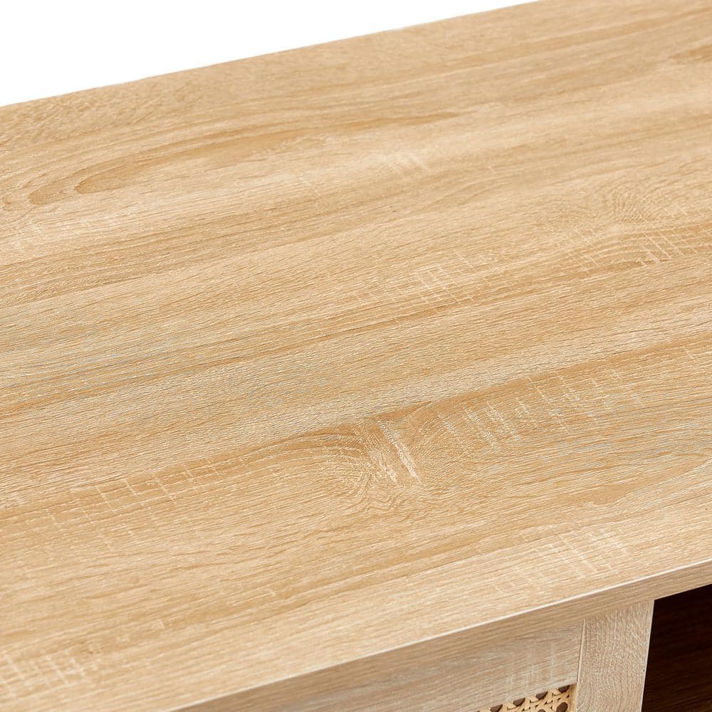 Natural Wood and MDF Rectangular Coffee Table with Rattan Detail