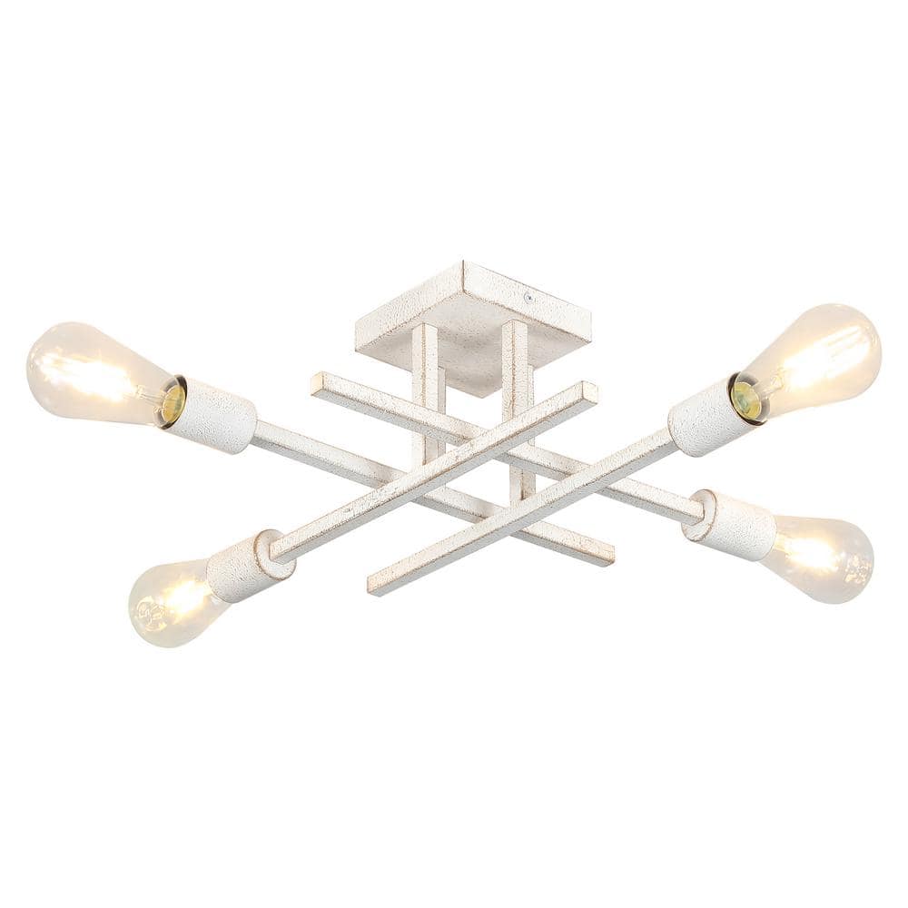 18.11 in. 4-Light Distressed White Modern Sputnik Semi- Flush Mount Ceiling