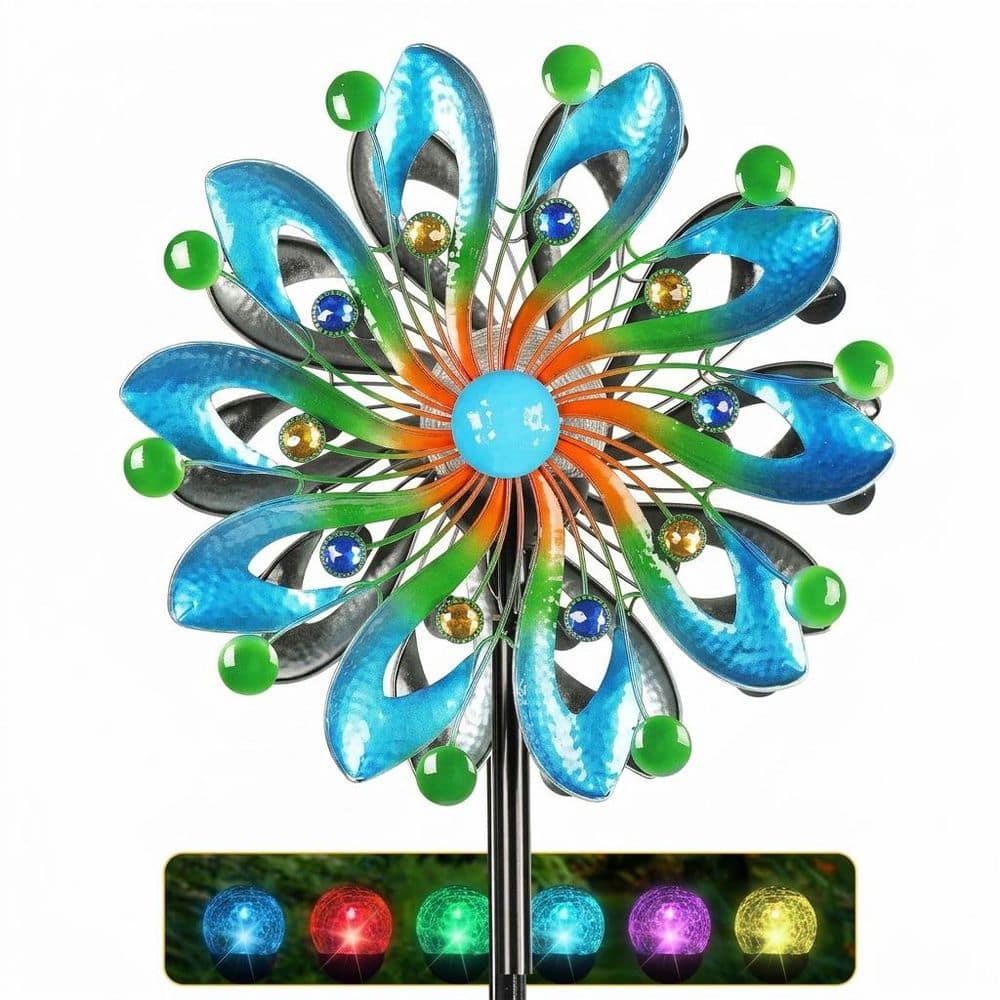 75 in. H Navy Blue Iron Solar Powered Wind Kinetic Spinner Outdoor Metal Yard Garden Decor with Glass Ball Light price history on PriceWatchPro