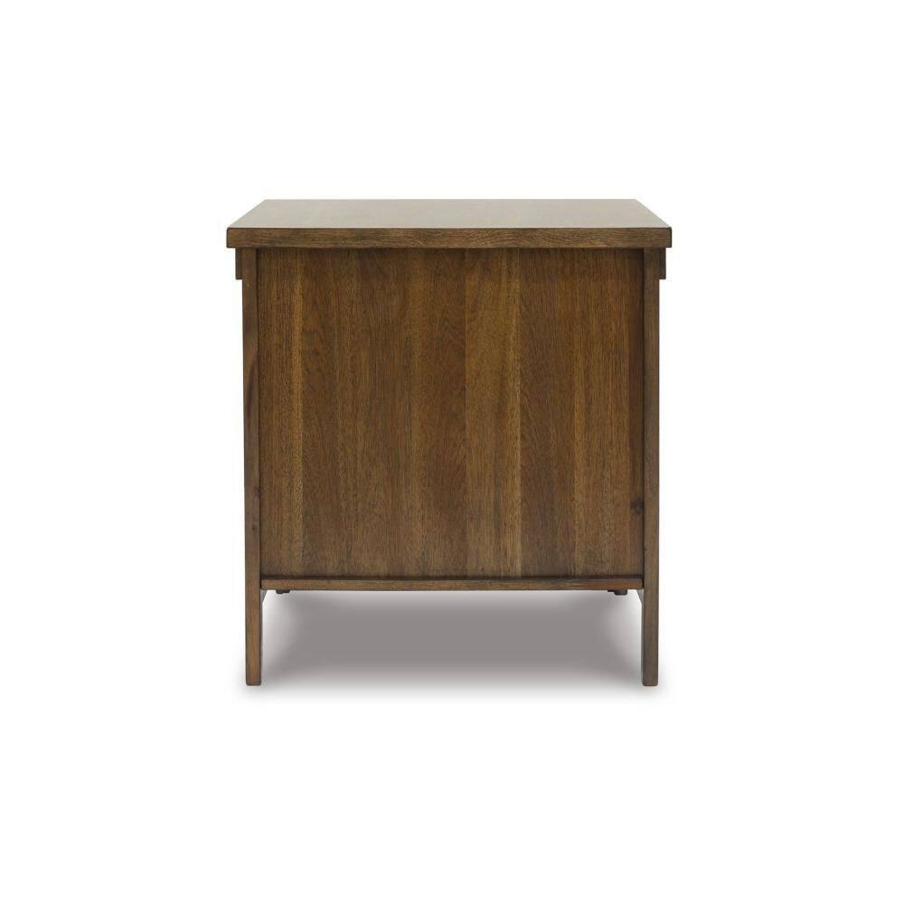 Rustic brown wooden end table studio shot.