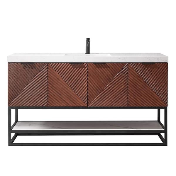 Mahon 60 in.W x 22 in.D x 33.9 in.H Single Sink Bath Vanity in Walnut with White Grain Composite Stone Top