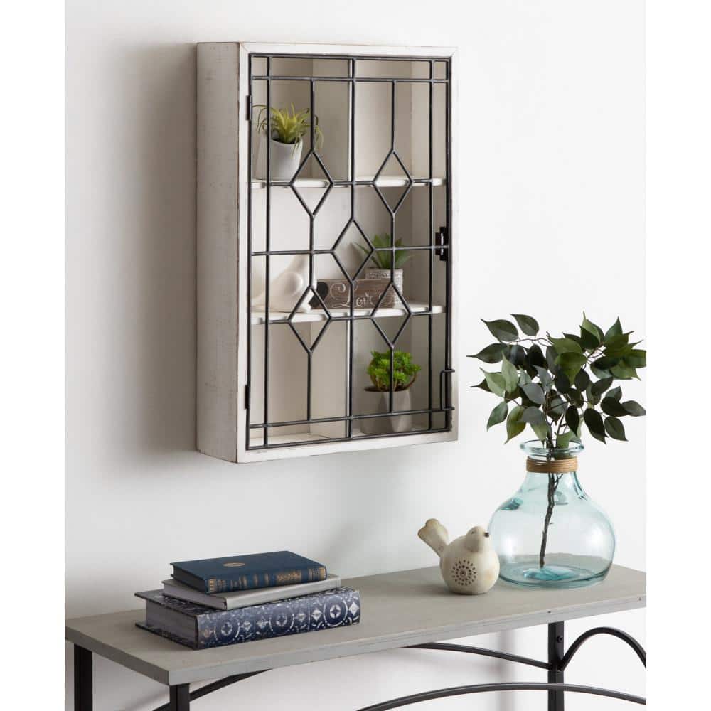 Whitewash Wooden Curio Cabinet with Decorative Black Iron Door