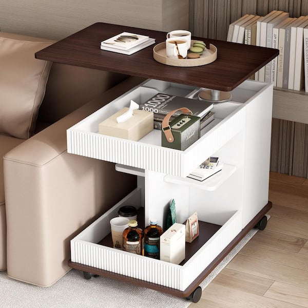 White and Brown 17.7 in. Rectangle Wood Modern End Table with Wheels, 360°Rotating Top Sofa Side Table