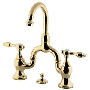 Tudor 2-Handle High Arc 8 in. Bridge Bathroom Faucets with Brass Pop-Up in Polished Brass