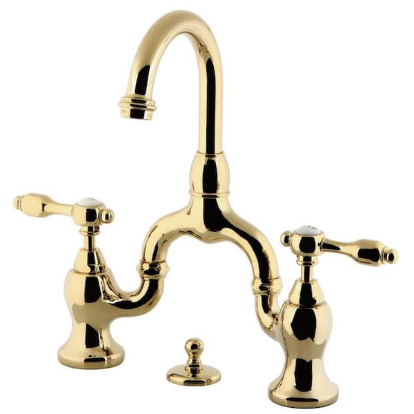 Kingston Brass Tudor 2-Handle High Arc 8 in. Bridge Bathroom Faucets with Brass Pop-Up in Polished Brass