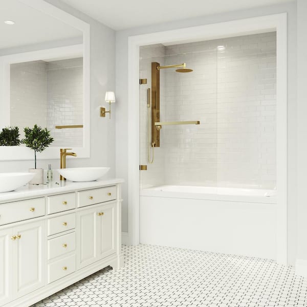 VIGO Rialto 34 in. W x 58 in. H Pivot Frameless Tub Door in Matte Brushed Gold with 5/16 in. (8mm) Clear Glass
