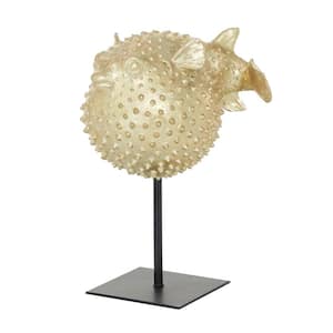 Gold Polyresin Handmade Spiked Blowfish Sculpture with Stand