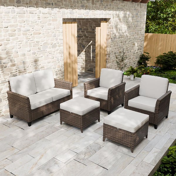 Brown Rattan Wicker 5-Piece Outdoor Patio Conversation Set with Cushions, Patio Chairs with Ottomans