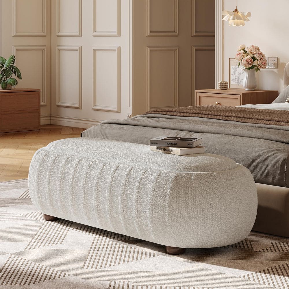 Glenric Modern White Boucle Fabric Upholstered Oval Accent Ottoman Bench with Solid Wood Legs price history on PriceWatchPro