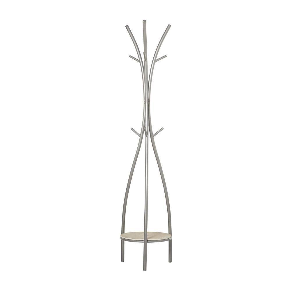 Silver and Beige Metal Freestanding Coat Rack with Shelf