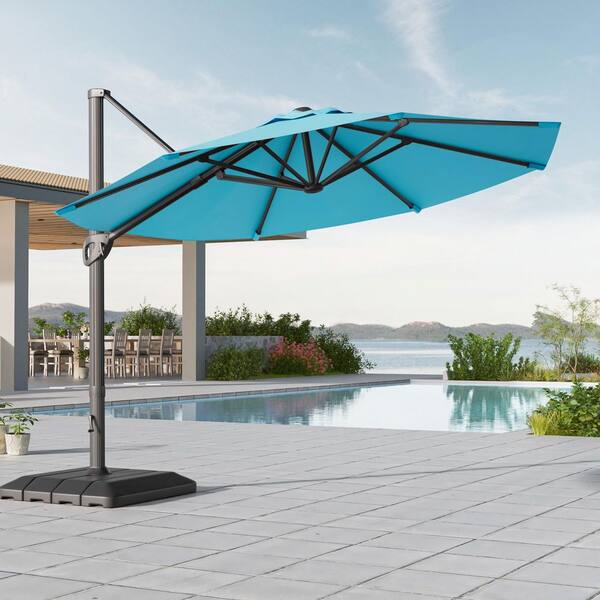 JOYESERY 11 ft. Aluminum Outdoor Cantilever Patio Umbrella with a Base, Offset Hanging, 360 Rotation in Lake Blue JOYESERY 11 ft. Aluminum Outdoor Cantilever Patio Umbrella with a Base, Offset Hanging, 360 Rotation in Lake Blue