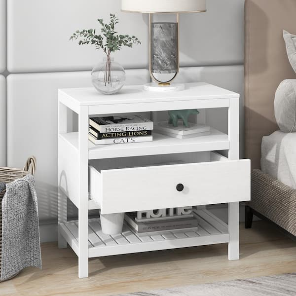ANBAZAR White Modern 1-Drawer Rectangle Nightstand 26.2''L*15''W*26.5''H with 2 Shelves, Wooden Nightstand Side Table End Table