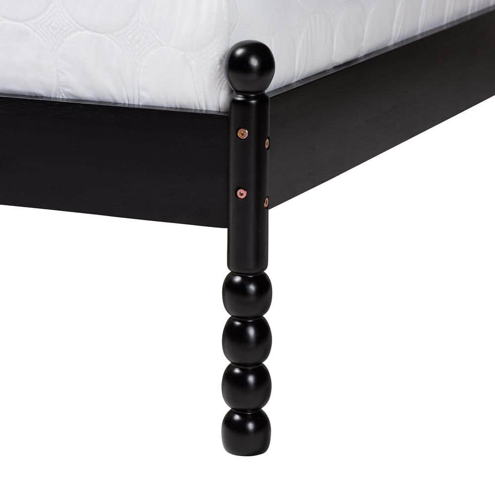 Okena Black Wood Queen Platform Bed with Woven Rattan Headboard