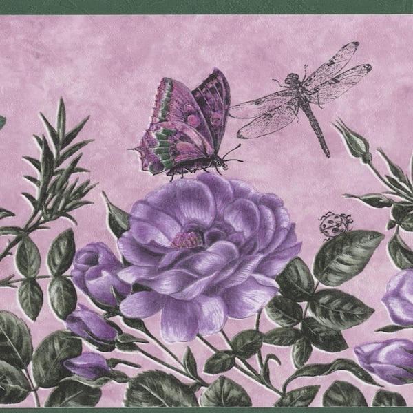 Dundee Deco Falkirk Dandy II Pink Purple Green Butterflies Flowers Nature Peel and Stick Wallpaper Border