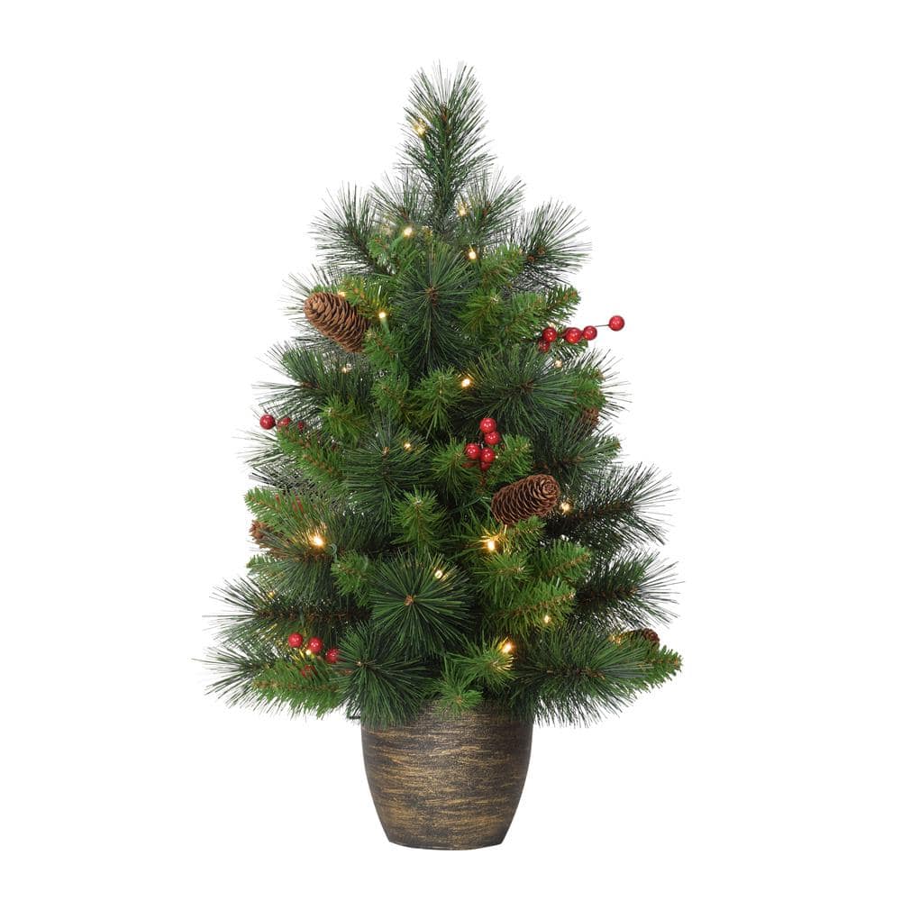 Pre-Lit 2  Table Top Artificial Christmas Tree with 35 Lights in Gold Base  Green