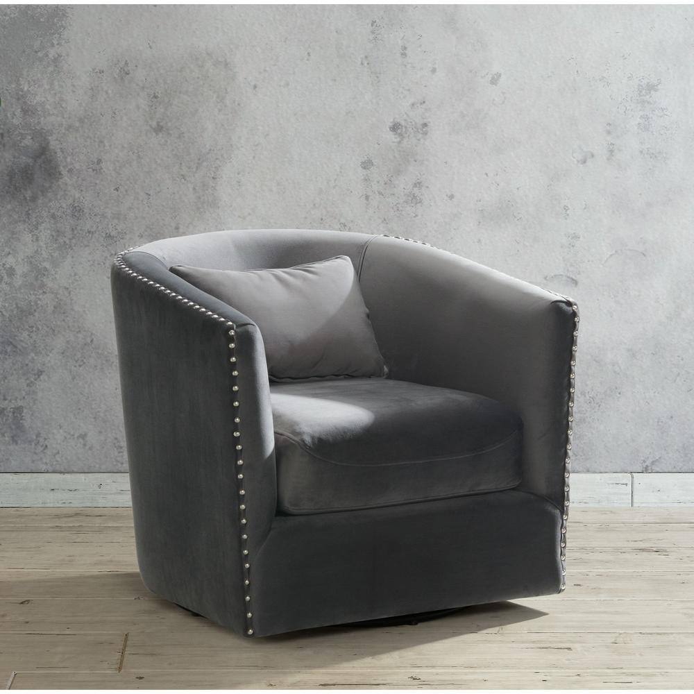 Gray Velvet Barrel Swivel Chair with Chrome Nail Head Trim