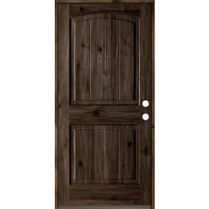 30 in. x 80 in. Rustic Knotty Alder 2 Panel Arch Top V-Groove Left-Hand/Inswing Black Stain Wood Prehung Front Door