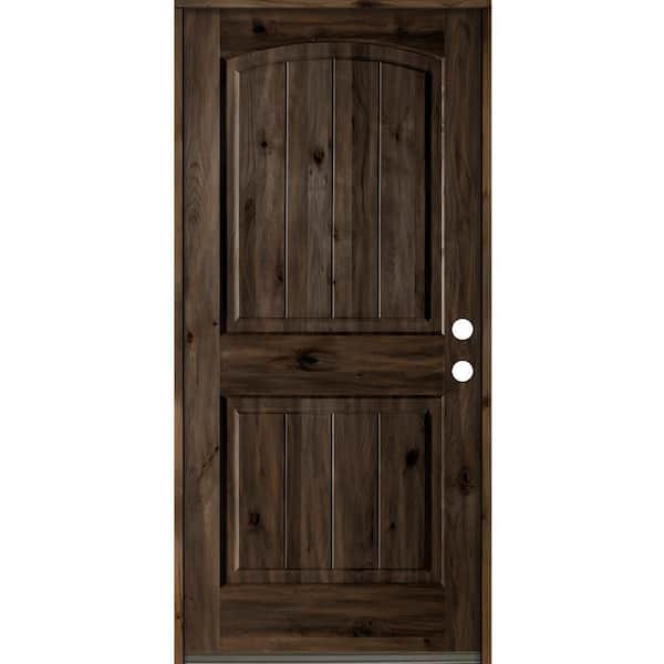 Krosswood Doors 32 in. x 80 in. Rustic Knotty Alder 2-Panel Arch Top V-Groove Left-Hand/Inswing Black Stain Wood Prehung Front Door