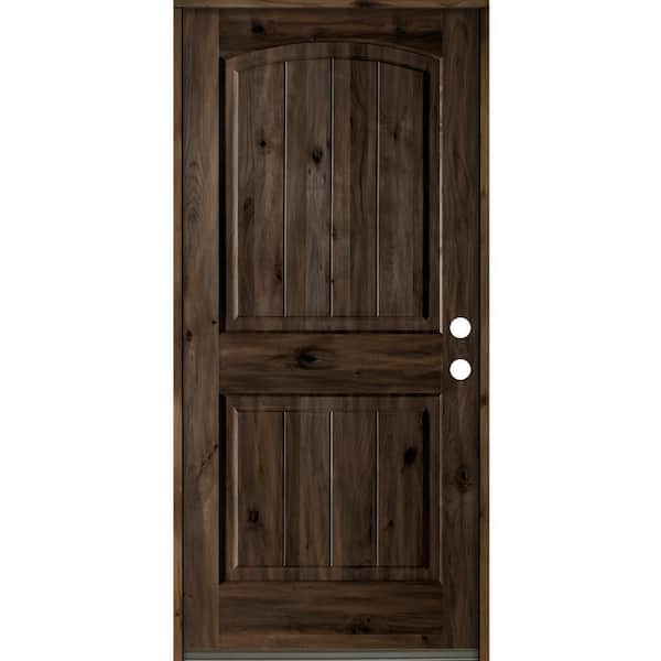 Krosswood Doors 36 in. x 80 in. Rustic Knotty Alder 2 Panel Arch Top V-Groove Left-Hand/Inswing Black Stain Wood Prehung Front Door
