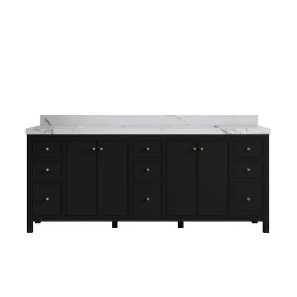 Willow Collections Chicago 84 in. W x 22 in. D x 36 in. H Double Sink Bath Vanity in Black with 2 in. Calacatta Gold Qt. Top