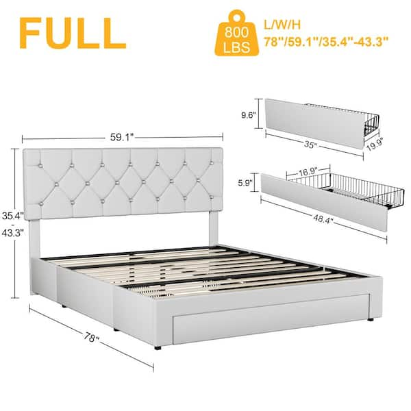 Upholstered Bed with Storage 3-Drawers, White Metal Frame Full Platform Bed with Faux Leather Tufted Headboard