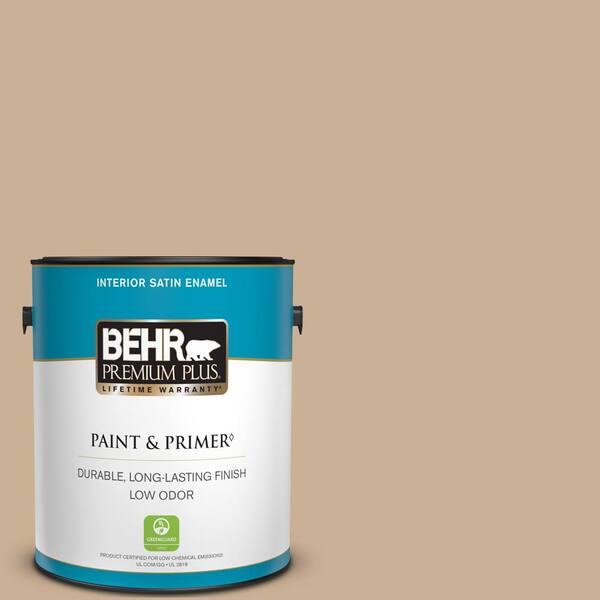 BEHR PREMIUM PLUS 1 gal. #N260-3 Polo Tan Satin Enamel Low Odor Interior Paint & Primer