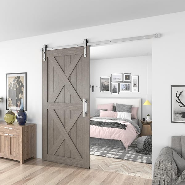 8 ft. /96 in. Stainless Steel Flat Rail Bent Strap Barn Door Hardware Kit for Double Wood Doors Non-Routed Floor Guide