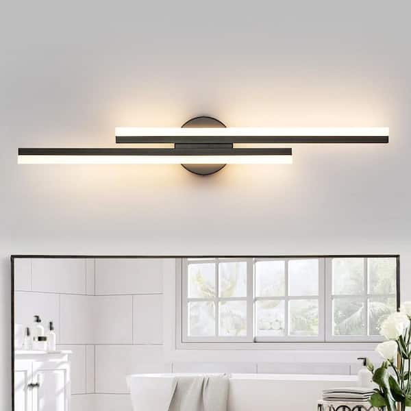 Owen 32.28 in. 2-Light Modern Black Linear LED Vanity Light with Light Bars, Damp Rated for Bathroom