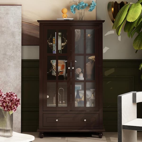 FUFU&GAGA Brown Painted Wood 31.5 in. W Buffet Sideboard Pantry with Adjustable Shelves, 2 Glass Doors and Drawer, for Kitchen