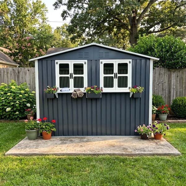 9 ft. W x 6 ft. D Outdoor Metal Storage Shed with Window & Flower