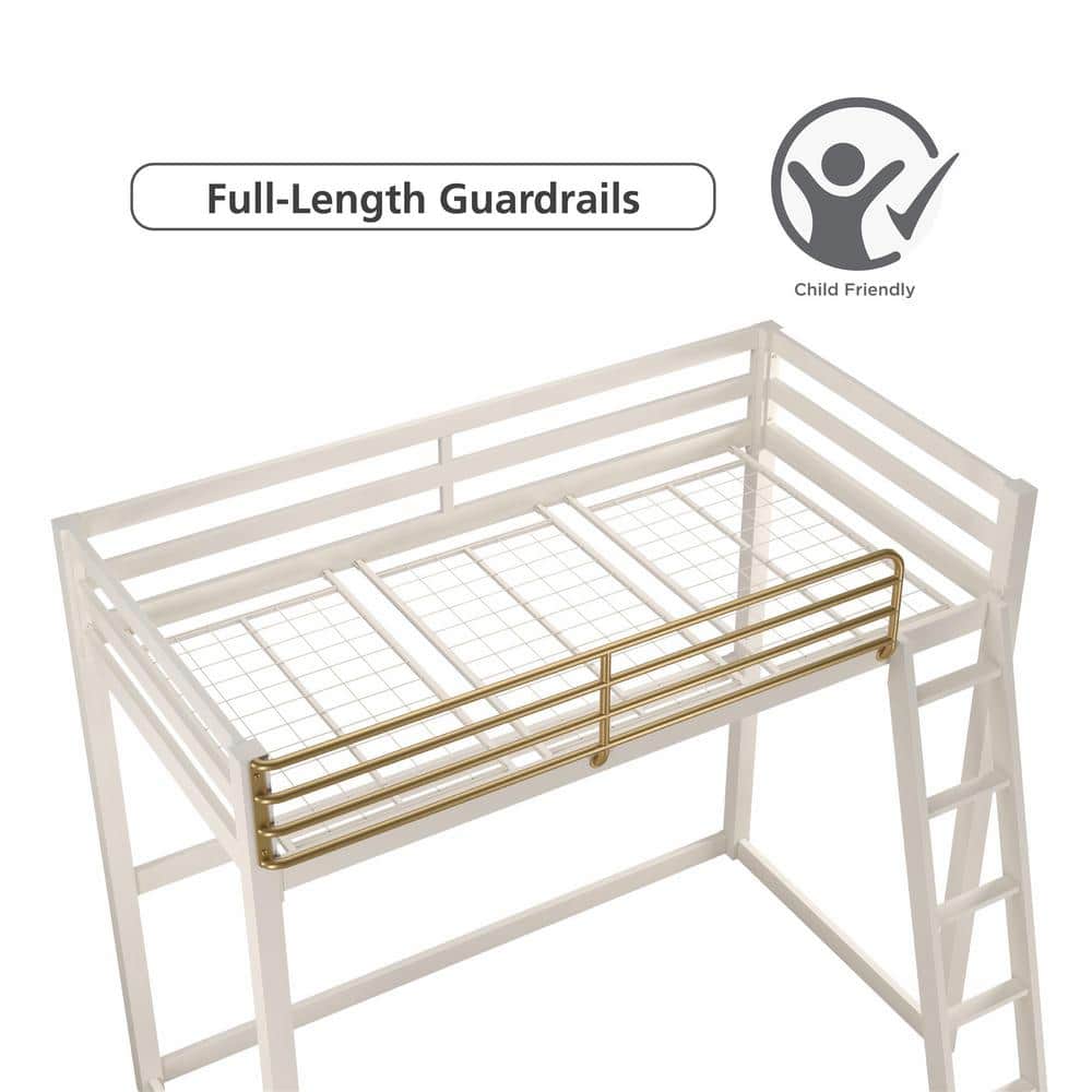 White and Gold Twin Metal Loft Bed with Headboard