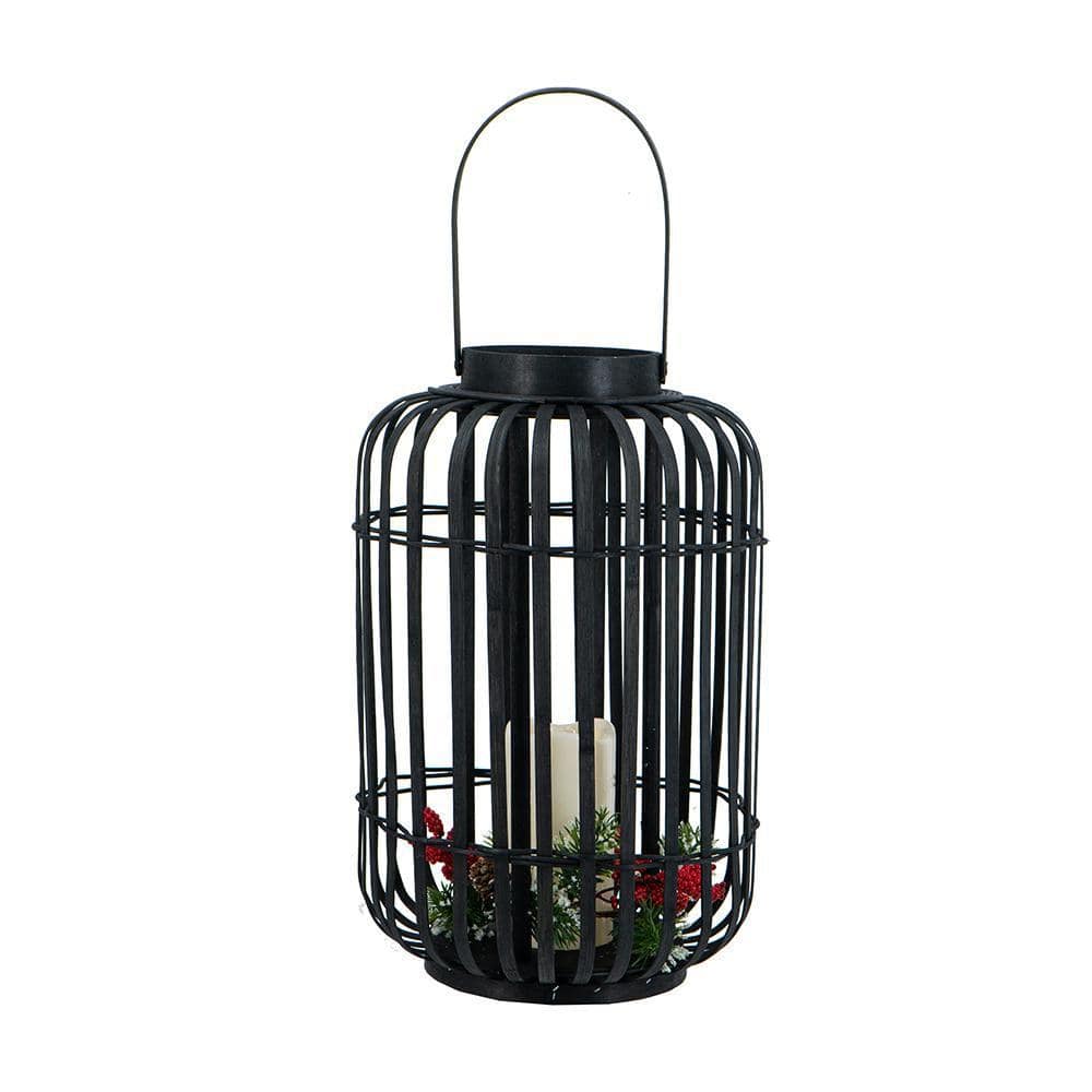 Bohemian 16 in. x 10 in. Black Cylindrical Bamboo Lantern with