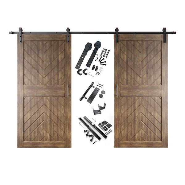 JT4 40 in. x 84 in. C-Panel Dark Walnut Fishbone Design Double Pine Wood Sliding Barn Door with Hardware Kit
