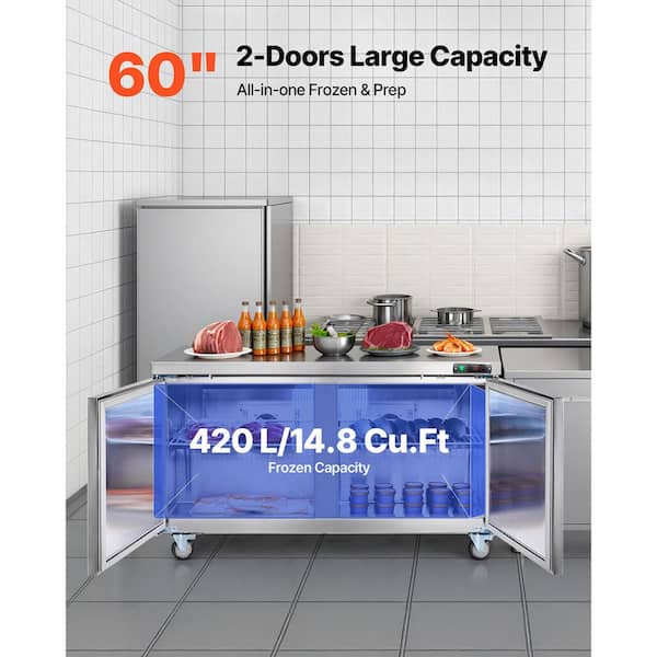 60 in. Commercial Refrigerator Prep Table 14.8 cu. ft. Stainless Steel Sandwich and Salad Prep Station Casters Silver