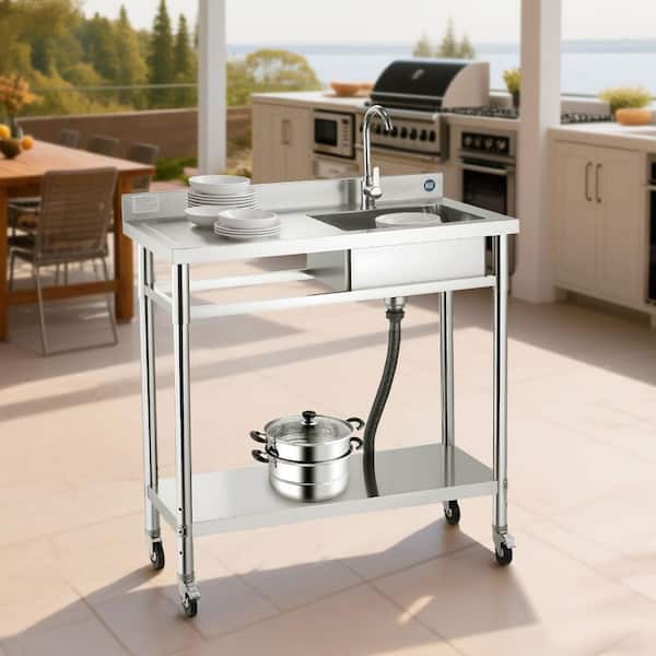16.9 in. Commercial Sink Stainless Steel, 1 Compartment Rolling Single Bowl with Faucet 39.4 x 19.7 x 41.5 in.