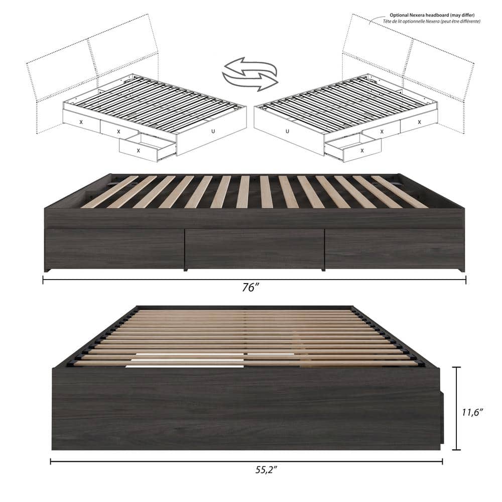 Bark Gray Full Double 3-Drawer Storage Platform Bed