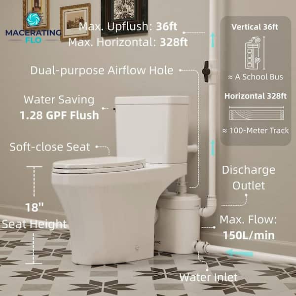 2-Piece White Macerating Toilet 750W, 18 in. Elongated Bowl, Upflush Toilet with 1.28 GPF Single Flush, Extension Pipes